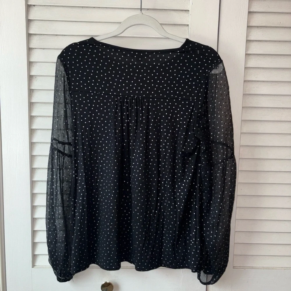 Boden Navy Foul Dot Polka Dot Blouse Sheer Sleeve Tie Neck Top Size 8 - Picture 5 of 6